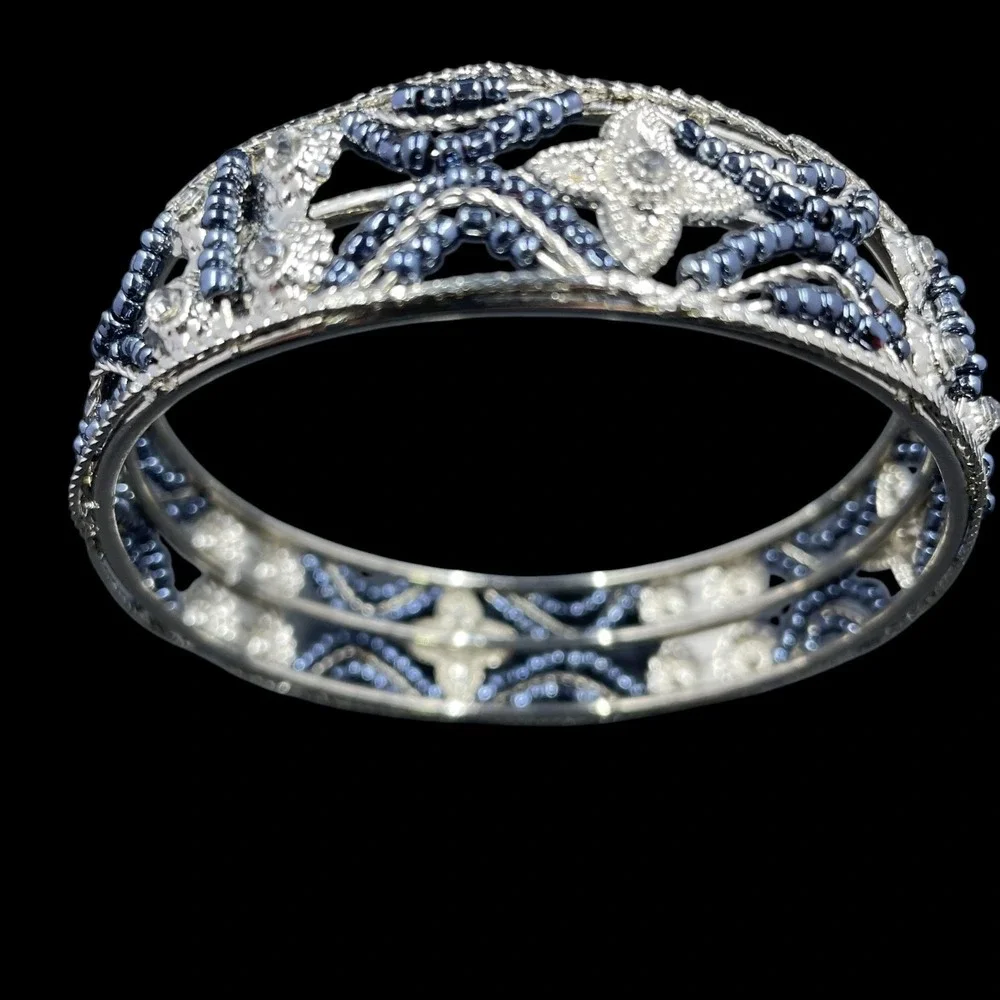 Vintage Silver Tone Cuff Bracelet Rhinestone‎ Beaded Bangle Statement Jewelry